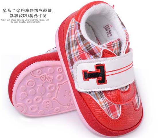 天使之嬰格子布透透氣PU嬰兒學步鞋紅色