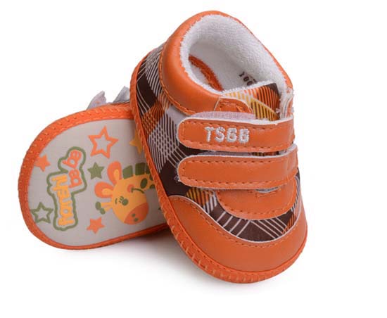 天使之嬰提花布+PU幼兒學步鞋橙色