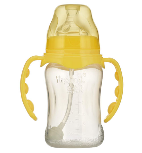 嬰之美寬口雙耳自動弧形PP奶瓶210ML黃色