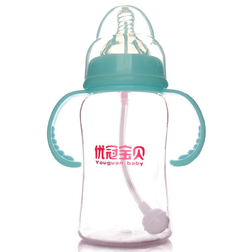 優(yōu)冠寶貝寬口帶柄自動PP奶瓶260ml藍(lán)色