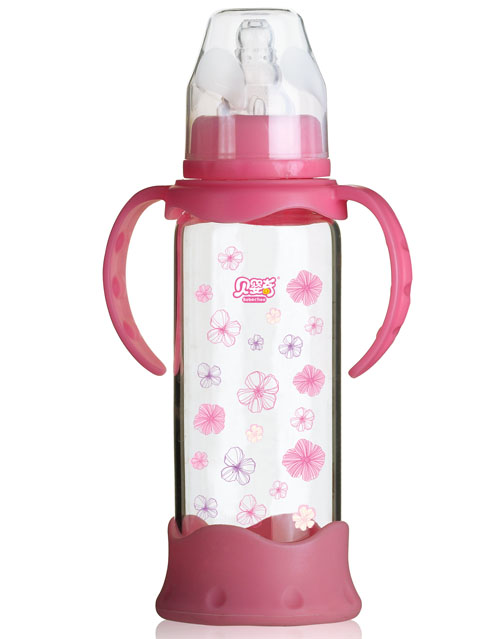 貝嬰奇240ml防爆感溫標口晶鉆玻璃奶瓶粉色