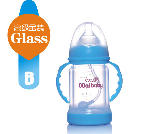 Q0愛(ài)寬口徑雙柄防爆晶鉆玻璃奶瓶150ML