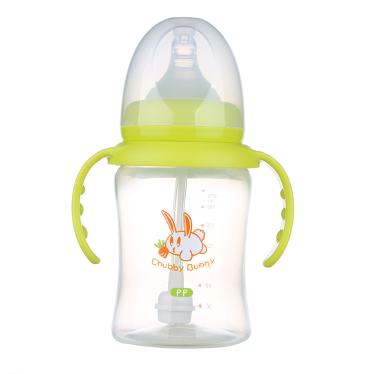 丘比兔PP寬口徑葫蘆型自動(dòng)把奶瓶210ML青色