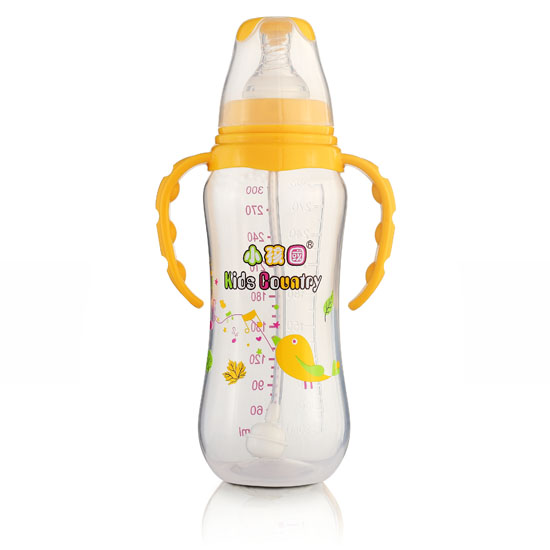 小孩國標(biāo)口自動弧形PP安全奶瓶300 ML黃色