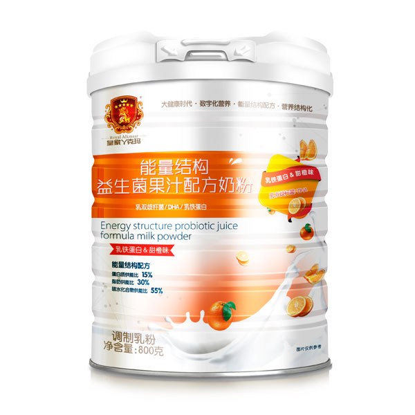皇家丫克瑪能量結(jié)構(gòu)益生菌果汁配方奶粉鐵聽800克(甜橙味)