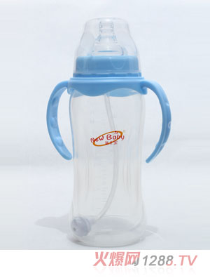 新兒寶天藍(lán)色寬口330ml雙耳自動(dòng)圓腰形PP奶瓶