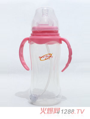 新兒寶粉紅色寬口330ml雙耳自動(dòng)圓腰形PP奶瓶