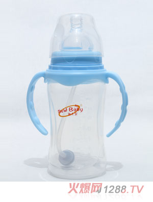 新兒寶天藍(lán)色寬口270ml雙耳自動(dòng)圓腰形PP奶瓶