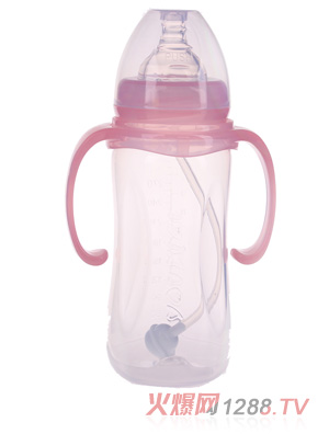 優(yōu)嘻噯寬口有柄自動(dòng)奶PP瓶300ml粉色