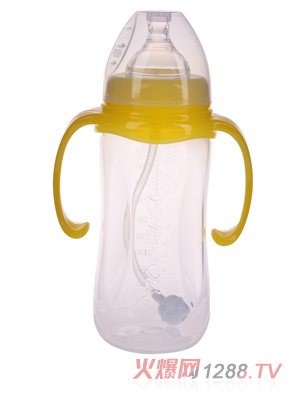 優(yōu)嘻噯寬口有柄自動(dòng)奶PP瓶300ml黃色