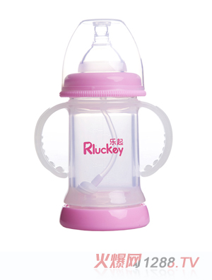 樂起寬口雙層防爆有耳自動(dòng)晶鉆玻璃底部透氣奶瓶150ml粉色