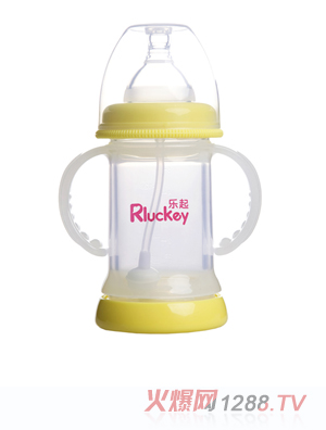 樂起寬口雙層防爆有耳自動(dòng)晶鉆玻璃底部透氣奶瓶150ml黃色