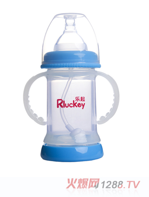 樂起寬口雙層防爆有耳自動(dòng)晶鉆玻璃底部透氣奶瓶150ml藍(lán)色