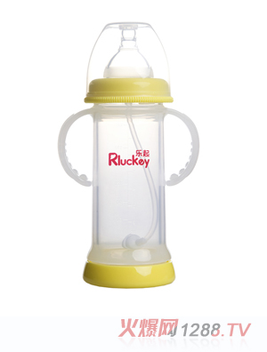 樂起寬口雙層防爆有耳自動(dòng)晶鉆玻璃底部透氣奶瓶220ml黃色