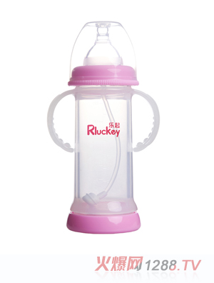 樂起寬口雙層防爆有耳自動(dòng)晶鉆玻璃底部透氣奶瓶220ml粉色